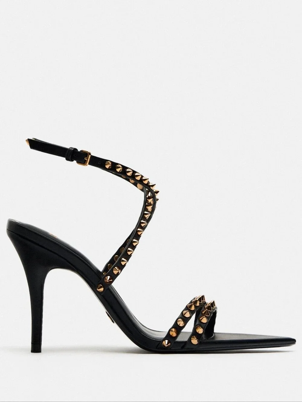 ZARA Black Gold Studded Pointed Toe Strappy Heeled Sandals Sz 37 - Picture 3 of 10